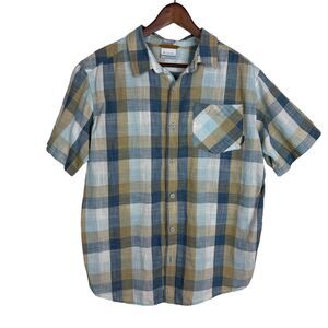 Columbia Brown Blue Checkered Button Front S/S Shirt Men's Large Regular Fit